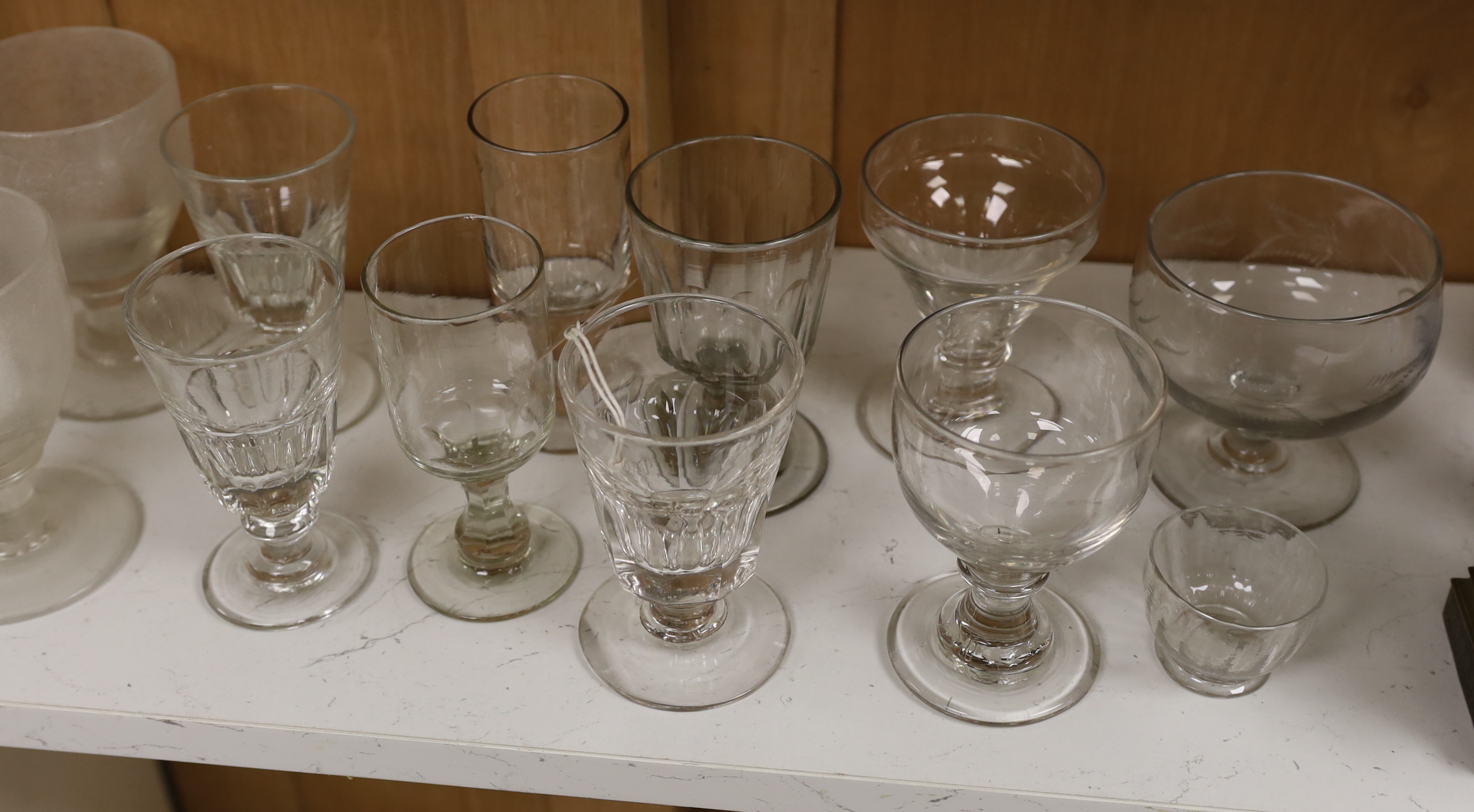 A selection of various glasses including rummers, 19th century and later, tallest 15cm